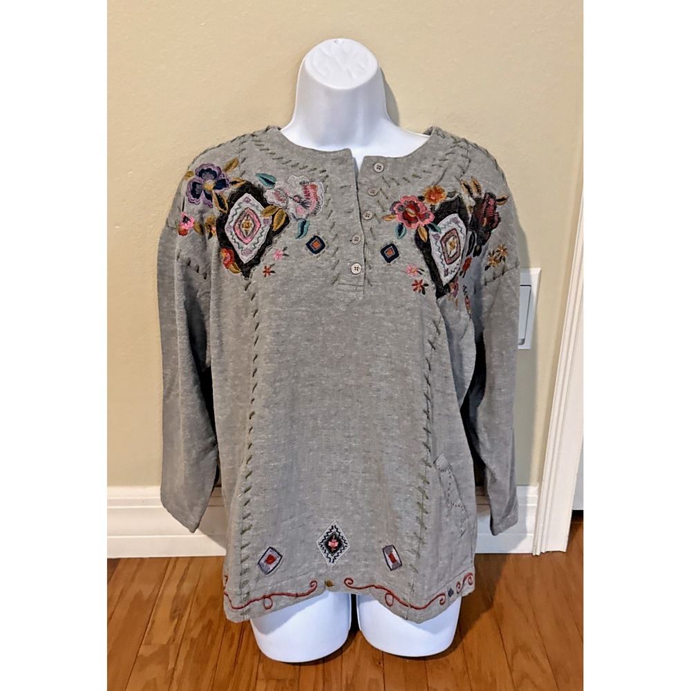Vintage 90's Together Floral Embroidered Henley Gray Pullover Womans Sz S Boxy